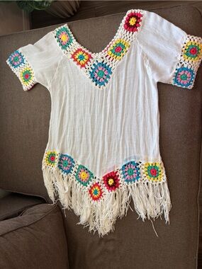 India Boutique White Crochet Floral Fringe Swim Coverup